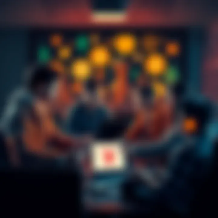 A group of young people discussing cryptocurrency trends on laptops and phones, showcasing various crypto symbols in the background.