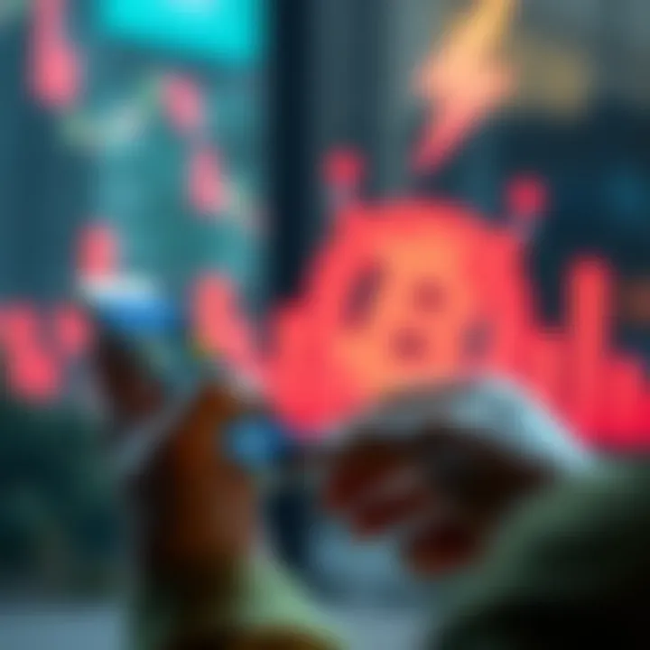 A person using a crypto card while checking a budgeting app on their phone, with digital currency symbols in the background.