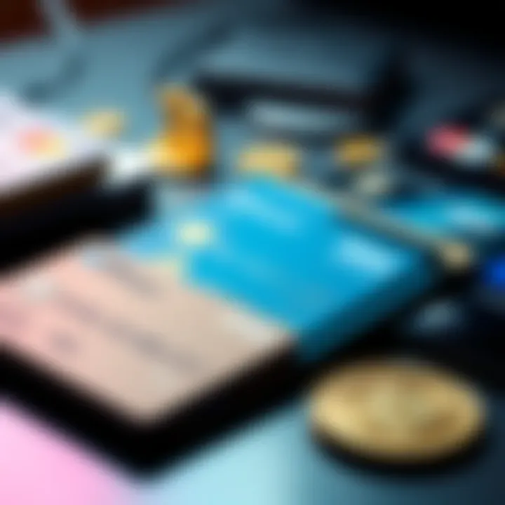 Various credit cards representing different crypto card issuers on a desk with digital currency symbols