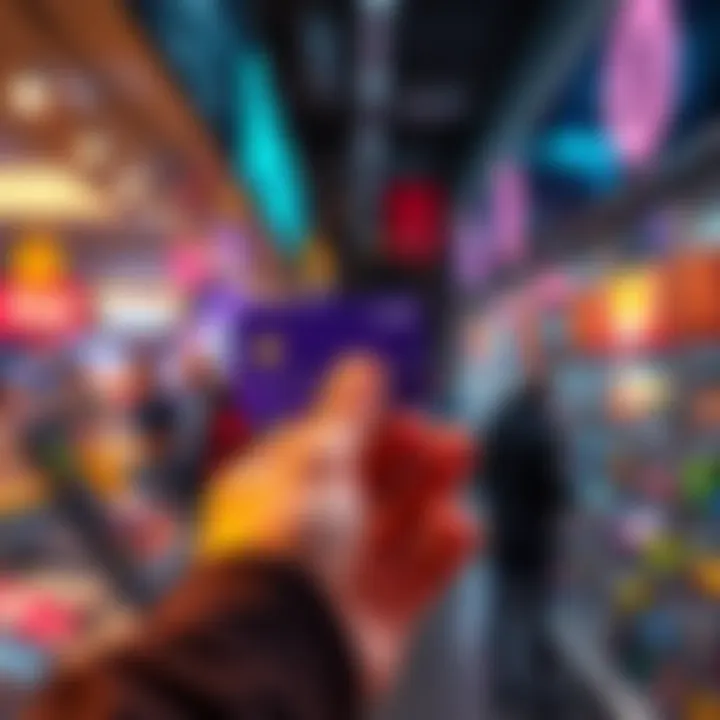 A hand holding a crypto card in front of a store, symbolizing easy spending with cryptocurrency.