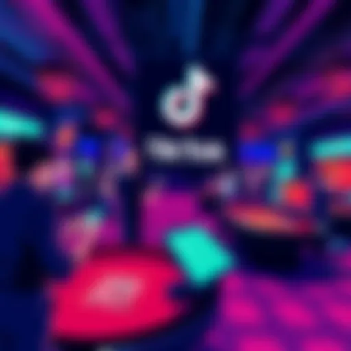 A digital illustration of a vibrant crypto casino scene, featuring gaming tables and players excitedly placing bets using smartphones, with TikTok logo in the background.