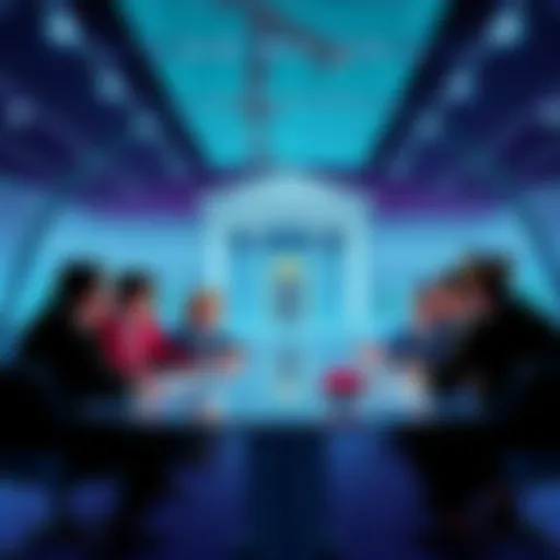 A group of crypto CEOs discussing stablecoin regulations with Federal Reserve officials in a modern office setting