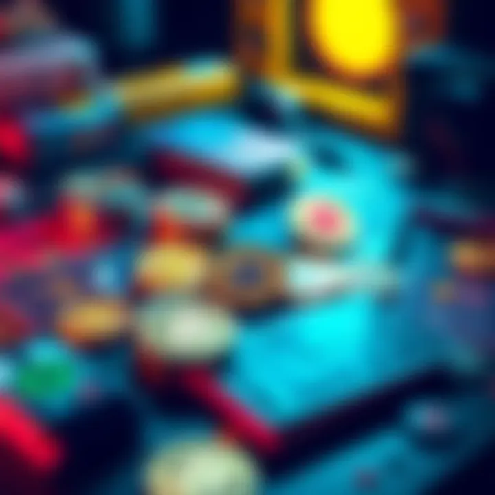 A collection of colorful digital coins representing various cryptocurrencies, resembling trading cards, laid out on a table with a nostalgic feel.