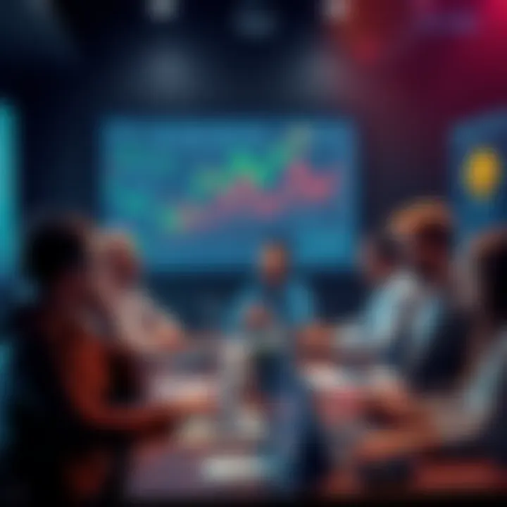 A group of people gathered around a table discussing cryptocurrency trading strategies, with laptops and charts visible.