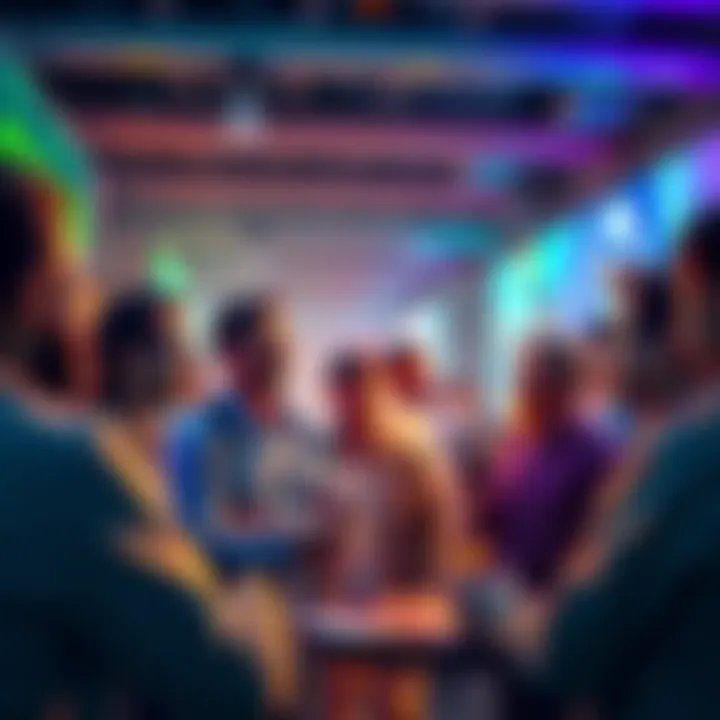 A group of people engaged in a lively discussion about cryptocurrency in a community setting, showcasing connection and collaboration.