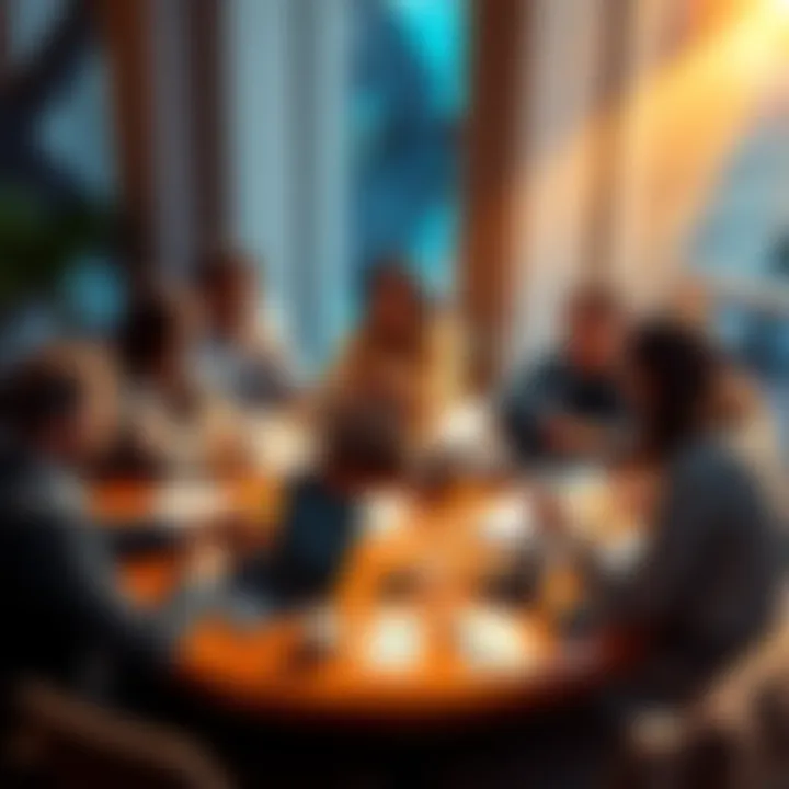 People discussing cryptocurrency issues A group of people talking about experiences with cryptocurrency scams and censorship at a round table with laptops and papers scattered around.