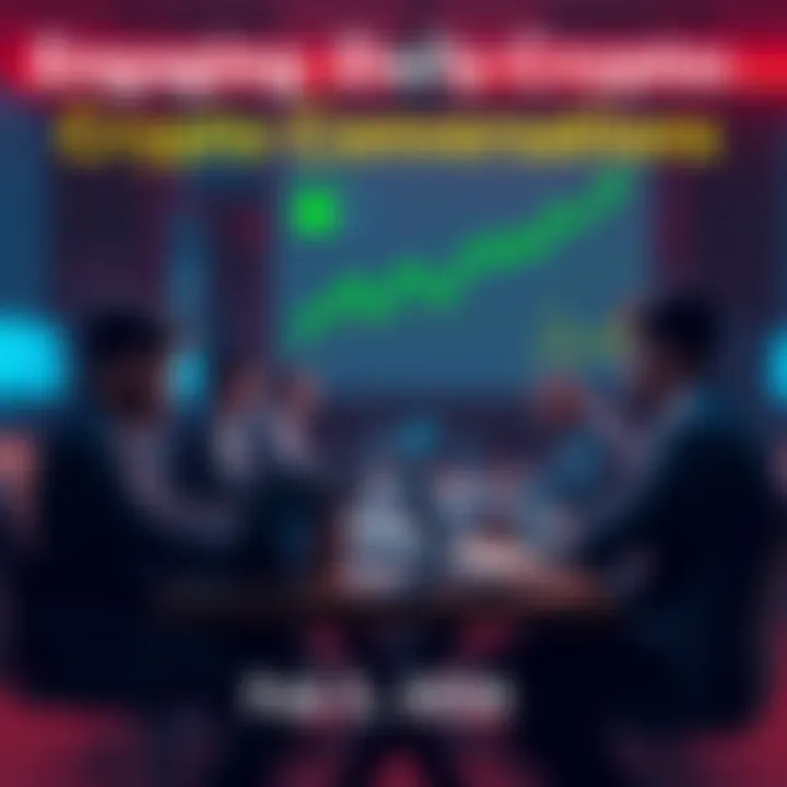 A group of people discussing cryptocurrency trends around a table with laptops and charts