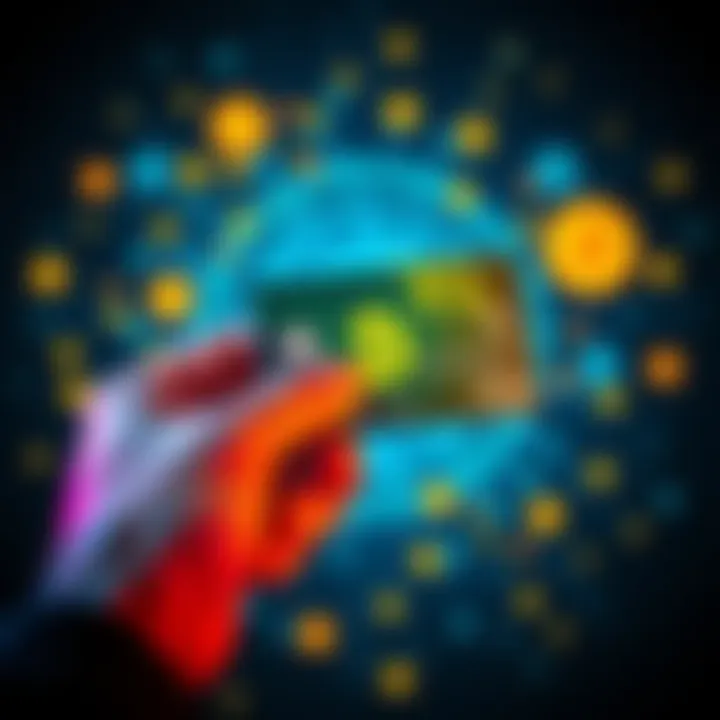 A person holding a crypto credit card with digital currency symbols in the background