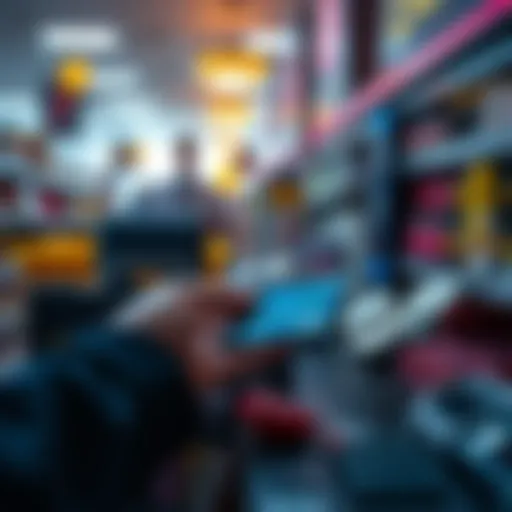 A person using a crypto credit card at a store checkout, with digital currency symbols around them.