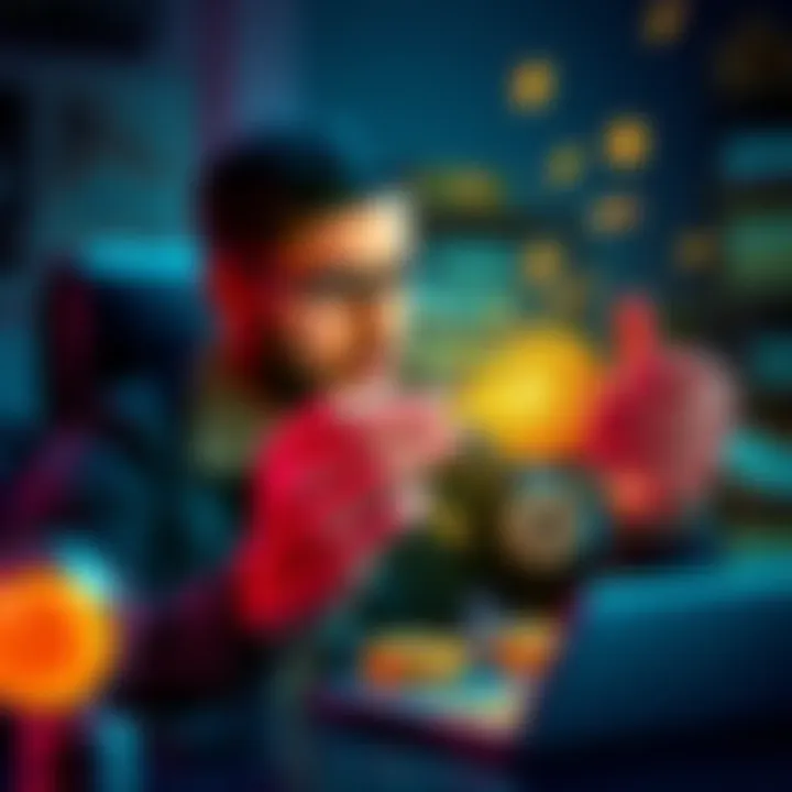 A man showing off his crypto wallet in an online chat, highlighting his wealth with flashy graphics around him.