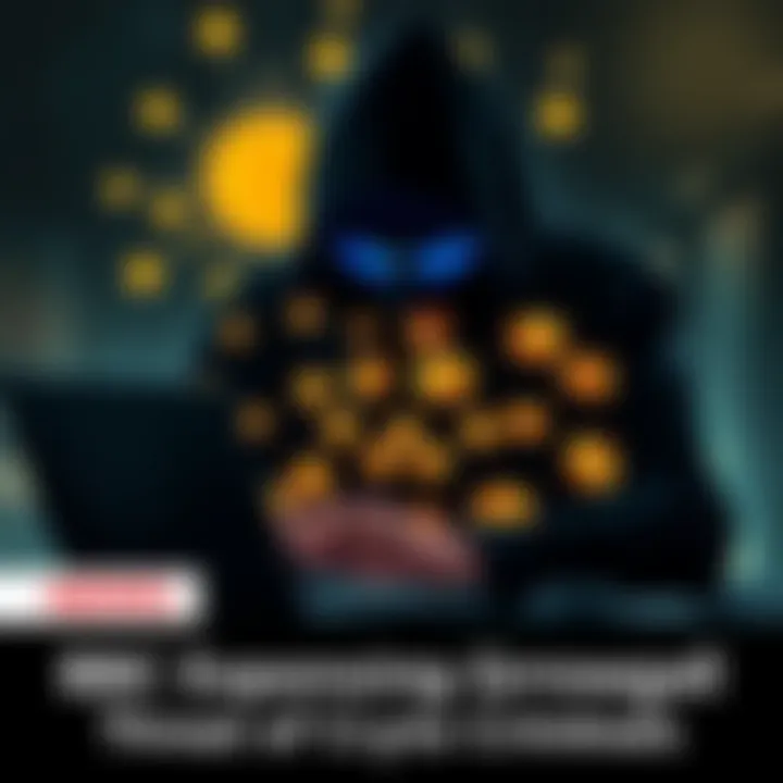 A shadowy figure using a laptop to engage in illegal crypto transactions, surrounded by digital currency symbols