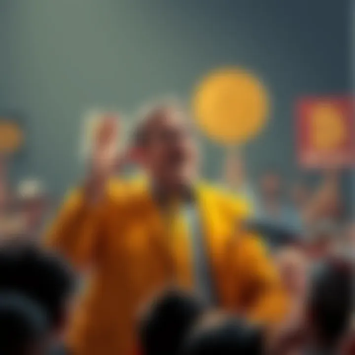 A crypto critic passionately speaking against Bitcoin arguments, with a confused crowd listening, some holding signs with Bitcoin symbols and question marks.