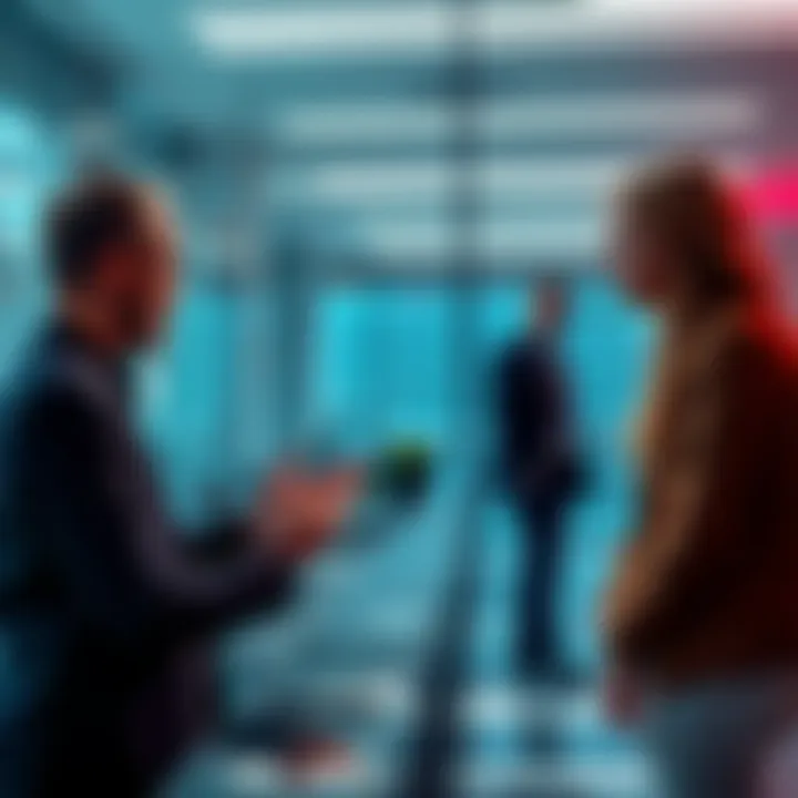 A person discussing crypto currency trading strategies with a professional in a modern office setting.