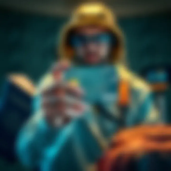 A digital nomad holding a crypto debit card with travel essentials like a passport and luggage in the background