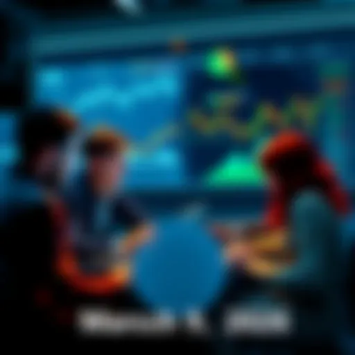 A group of people discussing cryptocurrency with charts and laptops.