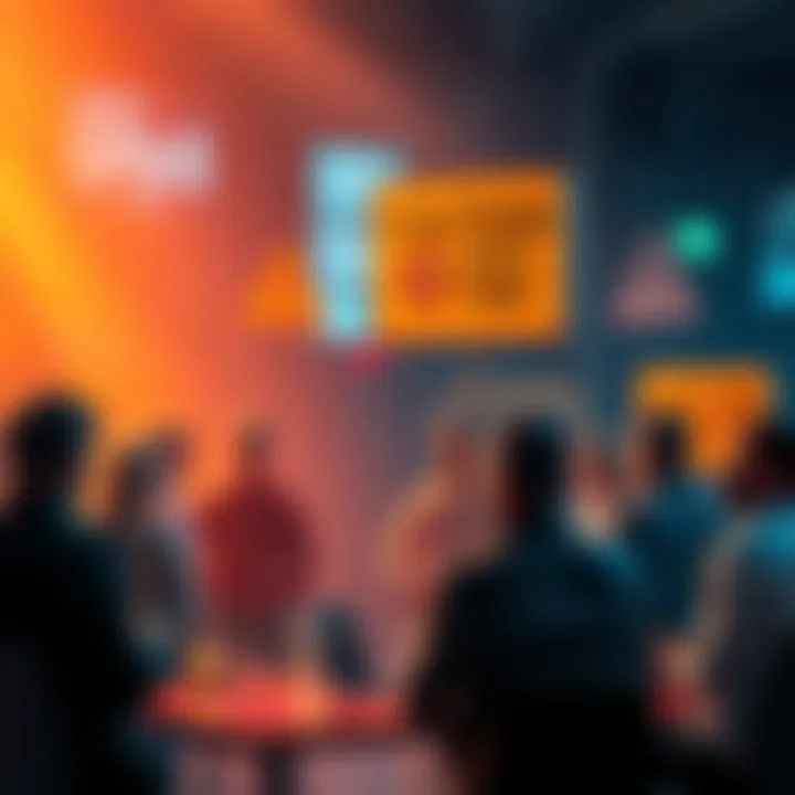 Group of people discussing cryptocurrency with caution signs in the background