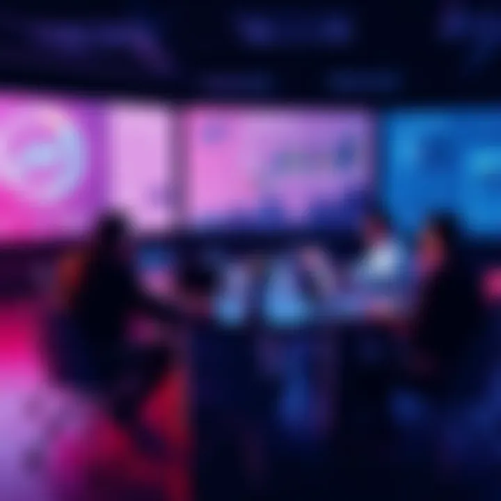 A group of people discussing cryptocurrency trends and safety tips at a round table with laptops and charts in the background.