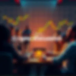 A diverse group of people discussing cryptocurrency with graphs and charts in the background