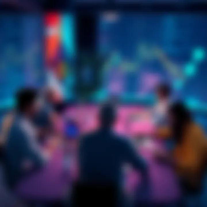 A group of people discussing cryptocurrency trends and strategies at a table with laptops and charts.