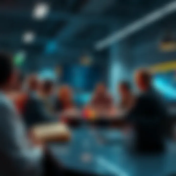 A diverse group of people engaged in a discussion about cryptocurrency, focused on trading and market insights.