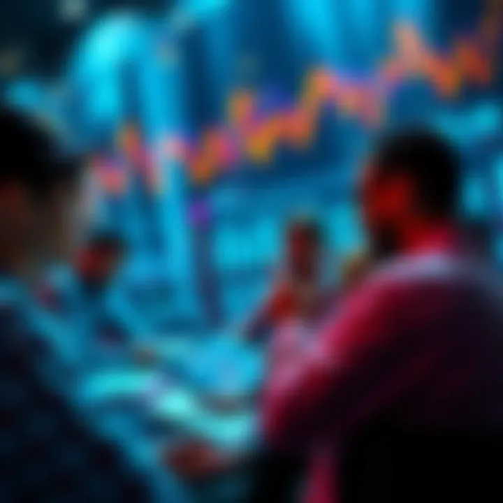People engaging in a crypto discussion, sharing tips and warnings about scams, with charts and graphs in the background.