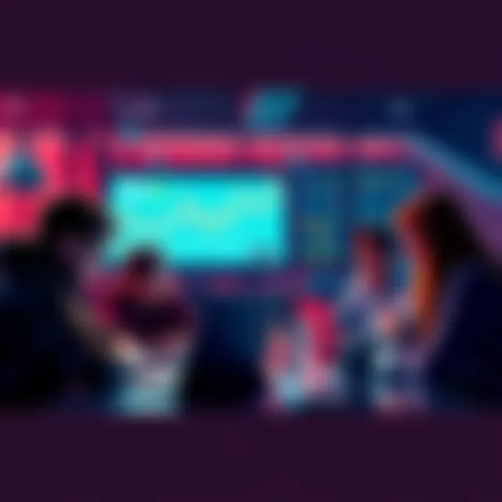 Crypto Discussion A group of people discussing cryptocurrency with laptops and charts in the background.