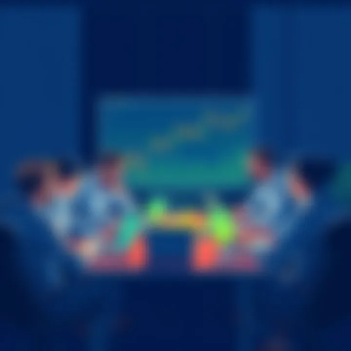 A group of people discussing cryptocurrency with charts and laptops at a table