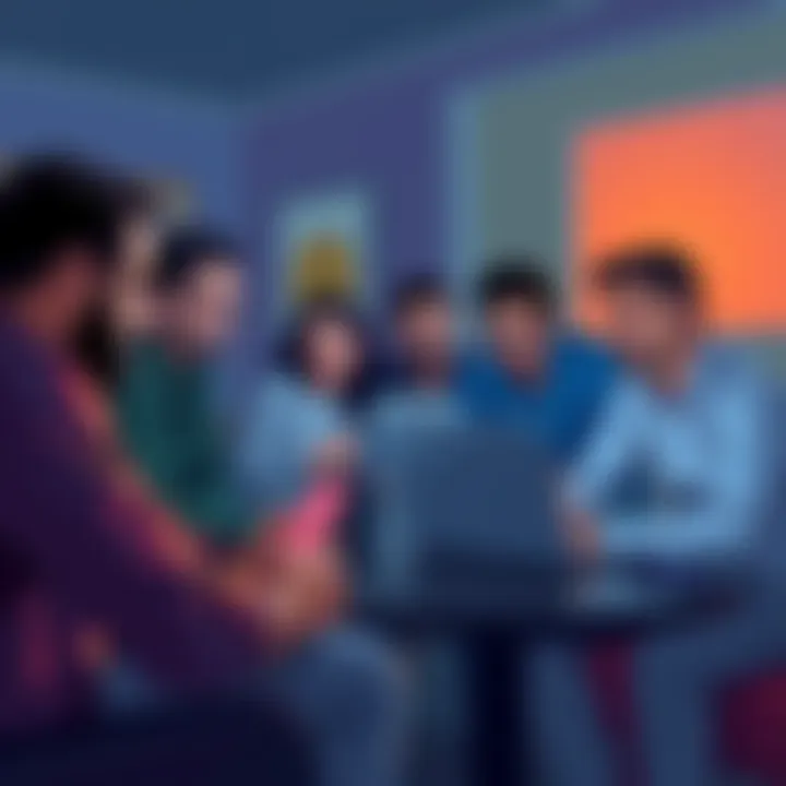 A group of people discussing cryptocurrency trends and tips in a casual setting, with laptops and smartphones in front of them.