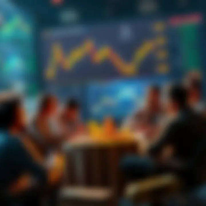 People engaging in a cryptocurrency discussion with charts and digital coins around