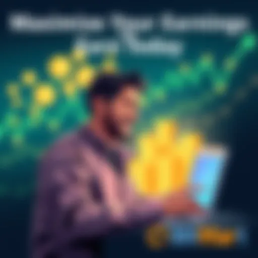 A person happily managing cryptocurrency earnings on a digital platform with coins and graphs in the background