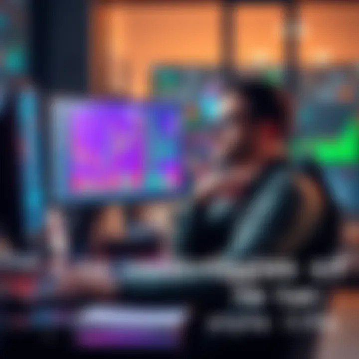 Crypto Enthusiast Looking Concerned A person sitting at a desk, stressed while looking at cryptocurrency charts on a computer screen