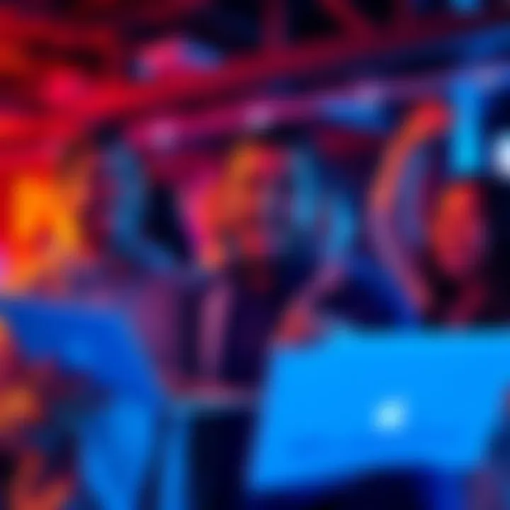 A crypto enthusiast holds a laptop displaying positive charts and graphs, smiling with peers in a celebratory atmosphere.