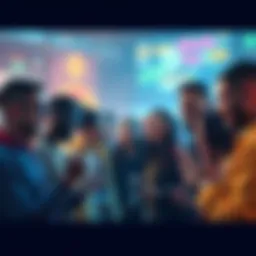 A group of diverse people discussing cryptocurrencies on social media platforms, showcasing excitement and engagement.