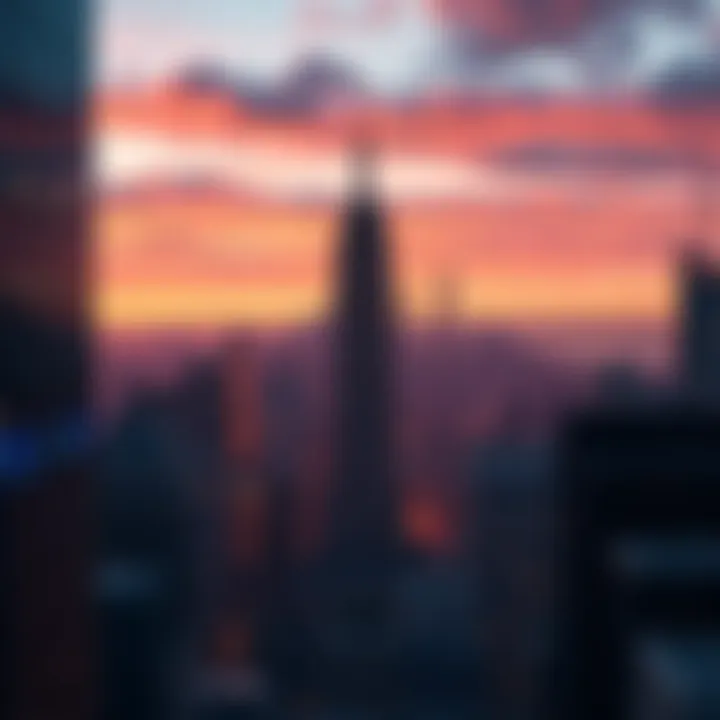 A digital representation of a crypto exchange with the New York skyline in the background, highlighting the challenges of compliance and regulation in the city.