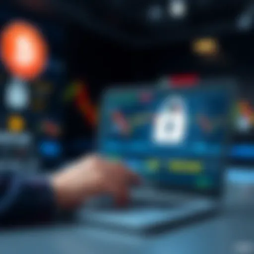 A person checking the security of a cryptocurrency exchange on a laptop with a lock icon in the background.