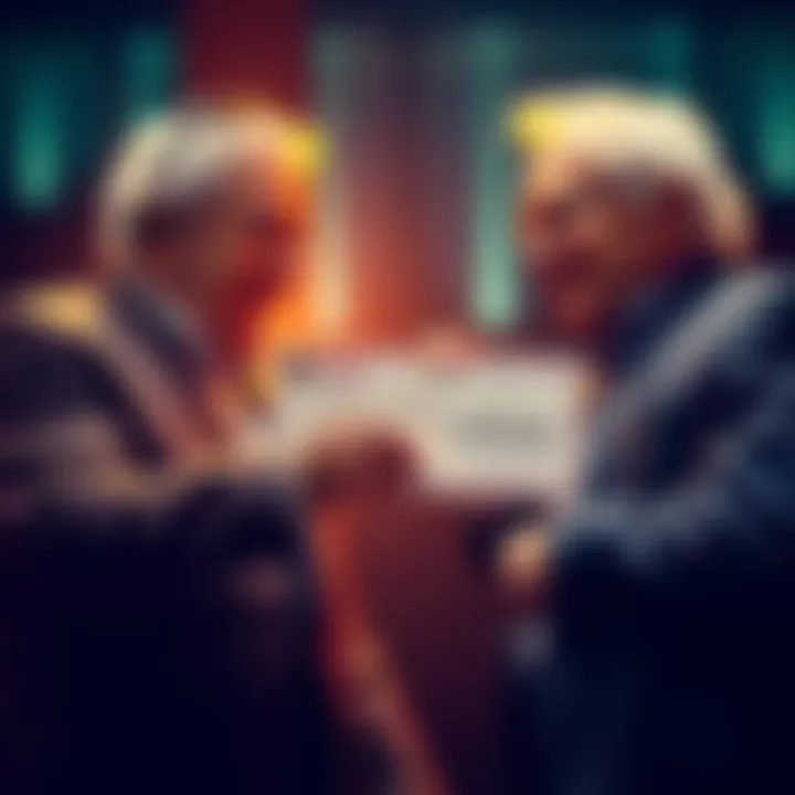 A crypto coin founder hands Warren Buffett a check for $4.5 million while they discuss investment advice.
