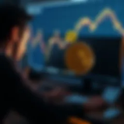 A distressed individual sitting at a computer while looking at a cryptocurrency chart displaying a significant drop, symbolizing financial loss due to fraud.