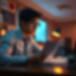 A person looking worried while reviewing cryptocurrency earnings and tax forms at a desk