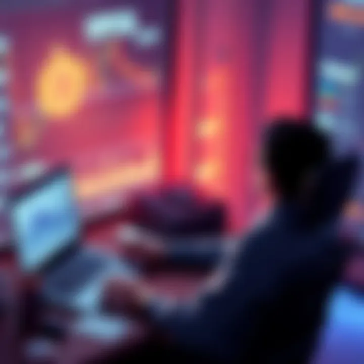 A person sitting at a desk, looking at a laptop displaying cryptocurrency charts and a 1099-DA tax form on the screen.