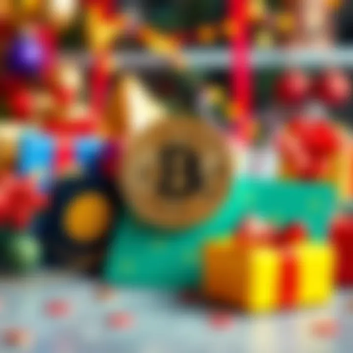 Colorful crypto gift cards displayed with a Bitcoin symbol and festive decorations.