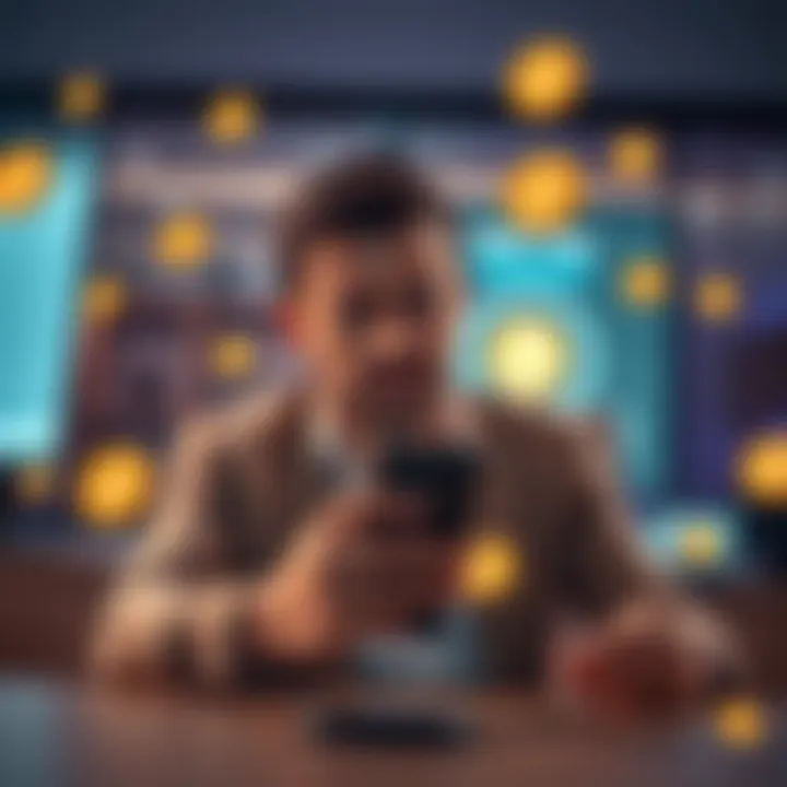 A concerned person in a virtual meeting, holding a smartphone and looking puzzled about withdrawal options while surrounded by digital currency symbols.