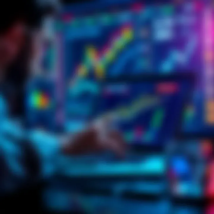 A person analyzing crypto trends on a laptop with charts and graphs in the background.