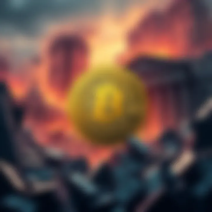 Cryptocurrency in Financial Crisis Illustration of a cryptocurrency coin amidst a backdrop of crumbling banks and financial turmoil, representing the impact of a global banking crisis.