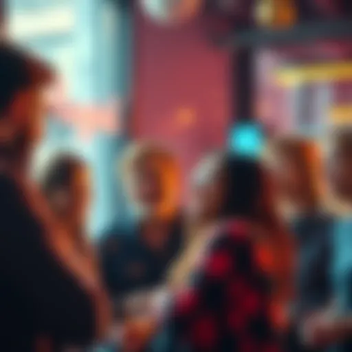 A group of diverse people discussing cryptocurrency trends and opinions in a lively setting.