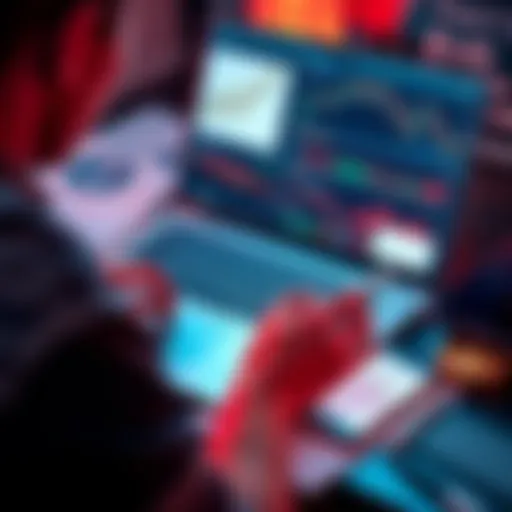 A person analyzing crypto charts on a laptop with educational materials and a smartphone showing investment apps nearby.
