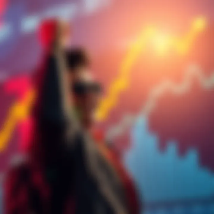 A person celebrating reaching their crypto goal with a graph showing upward trends in the background.