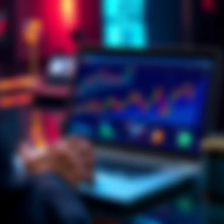 A person analyzing cryptocurrency trends on a laptop with charts and graphs displayed on the screen.
