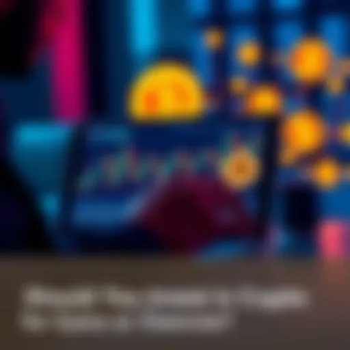 A person analyzing cryptocurrency graphs on a laptop with Bitcoin symbols in the background.