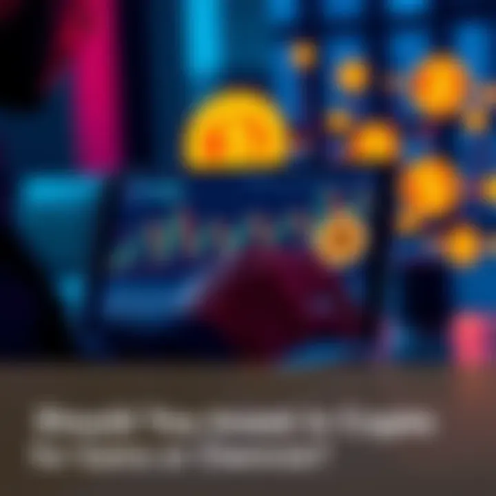 A person analyzing cryptocurrency graphs on a laptop with Bitcoin symbols in the background.