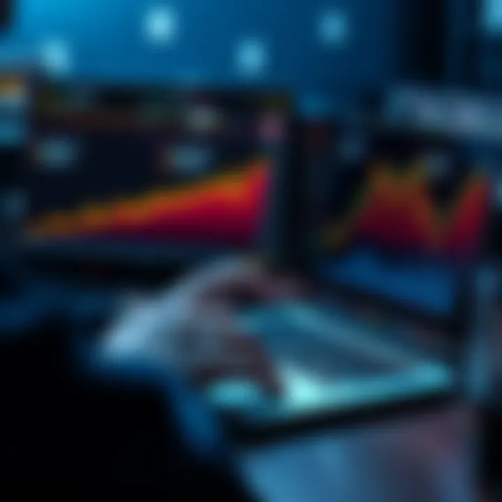 A person analyzing cryptocurrency charts on a laptop, with graphs showing growth and fluctuations.